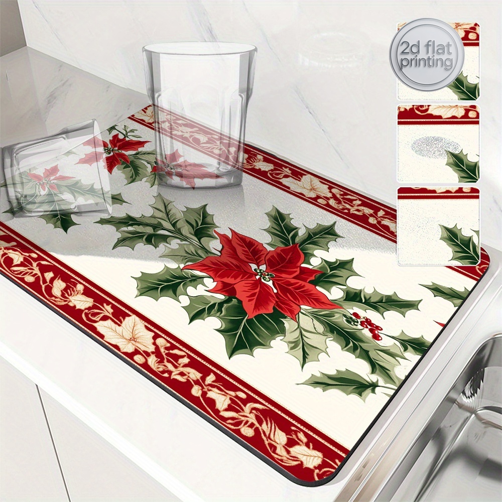 Tea Coffee Utensils - 1 Stück Weihnachtsstern- und Stechpalmen-Absorbiermatte, Küchentrockenmatte,