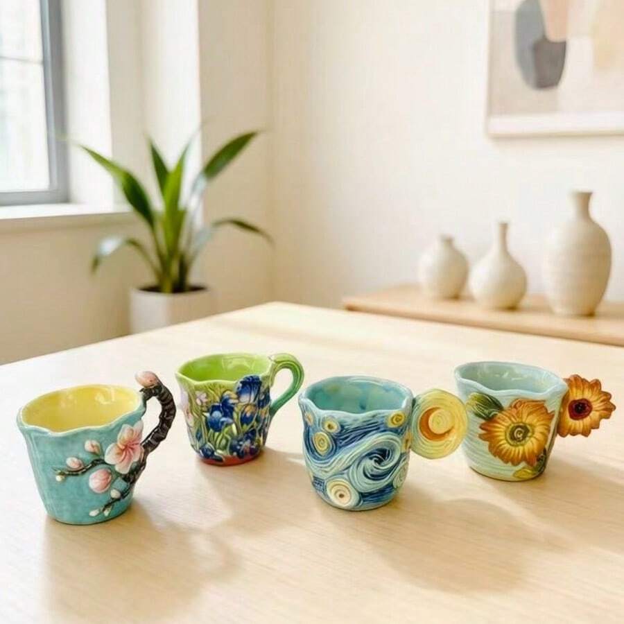 Coffee Tea Van - 4 Stück geprägte Keramik-Kaffeetassen aus der