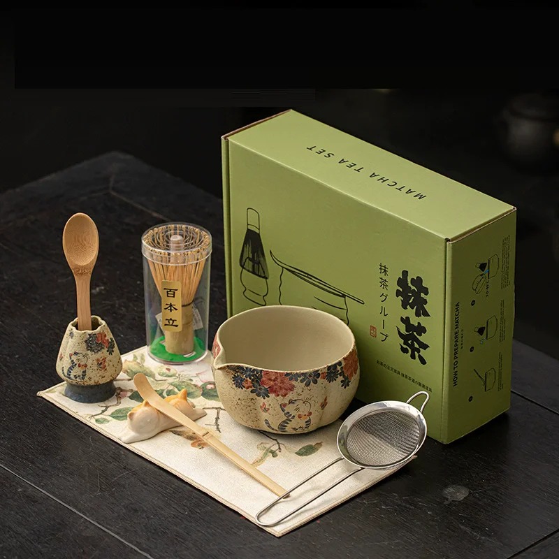 Matcha Whisk Set - 8-teiliges japanisches Feuerstein-Rot-Matcha-Herstellungsset, Bambus-Matcha-Pinsel, exquisite Matcha-Schüsselbox